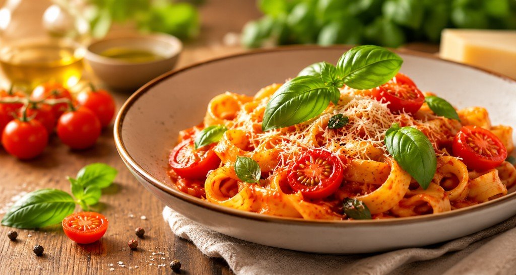 Fresh pasta with tomato sauce and basil