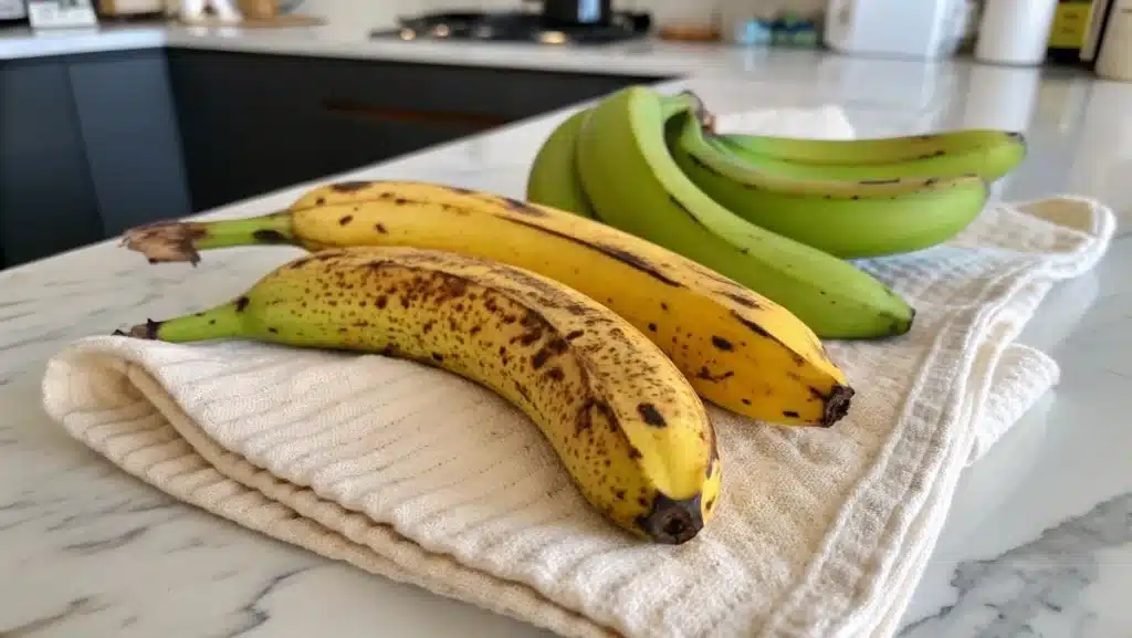 bananas at different ripeness stages on a white marble work surface, showing the ideal choice for making banana bread.