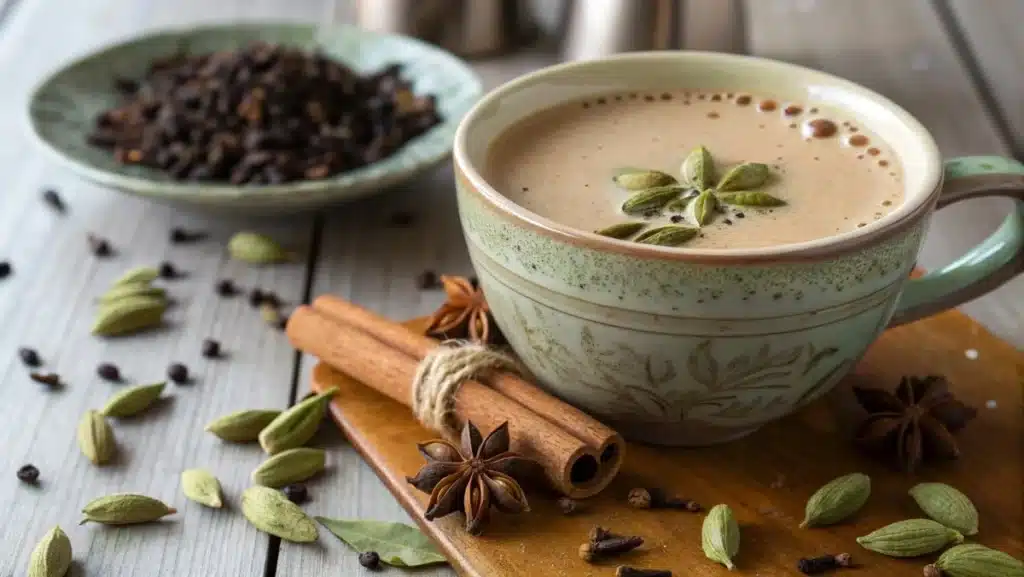 A steaming cup of masala chai with green cardamom and cinnamon on a rustic wooden table.