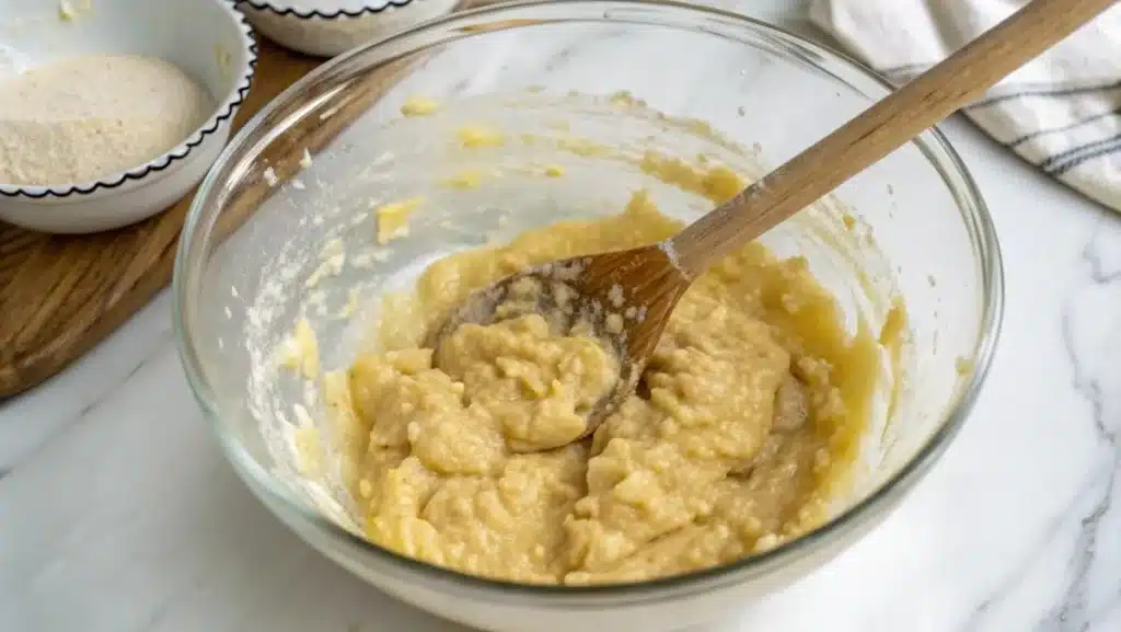 Banana bread batter being gently mixed in a glass bowl on a white marble countertop, ensuring a soft and fluffy texture.