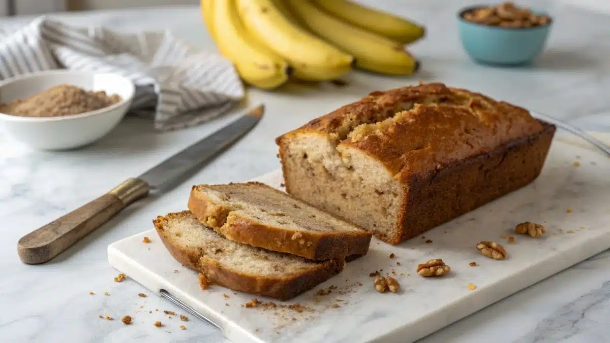 Freshly baked banana bread on a white marble countertop, sliced to reveal a soft, moist interior, with ripe bananas and baking ingredients nearby.