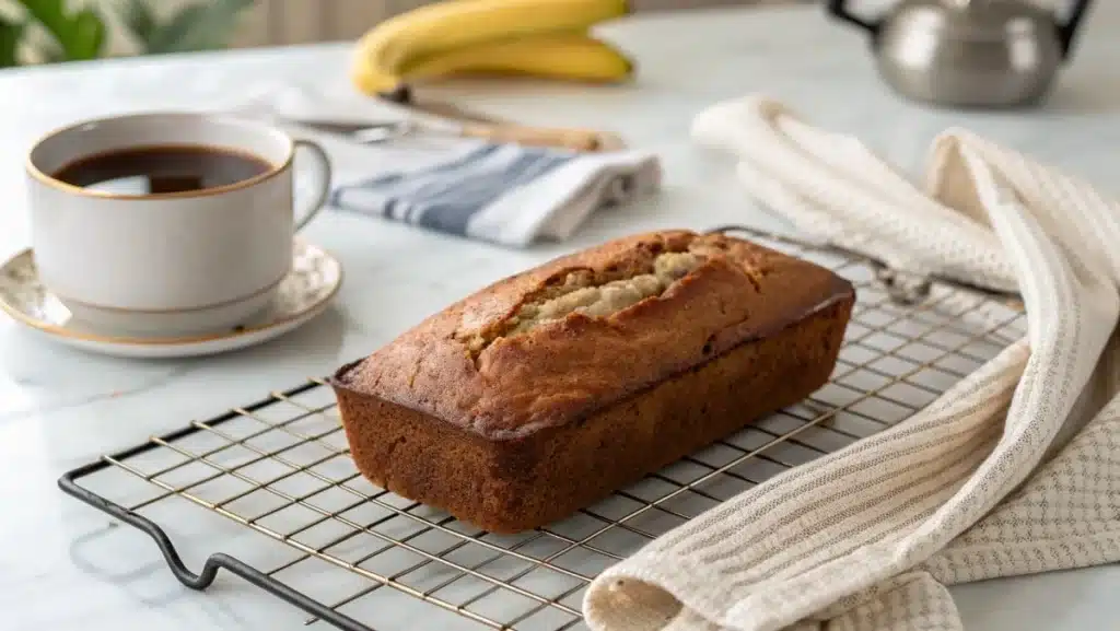 Freshly baked banana bread cooling on a wire rack over a white marble countertop, allowing steam to escape for the best texture.