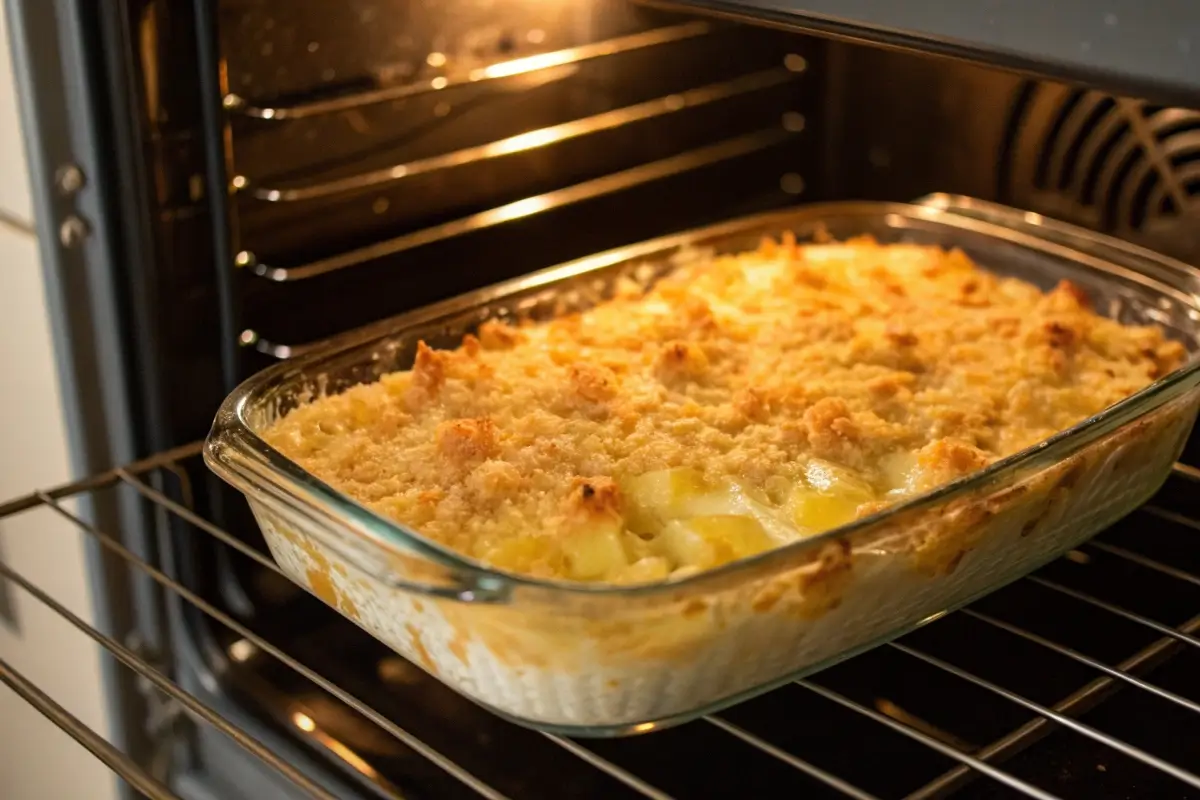 Pineapple casserole baking in the oven with a golden, crispy topping.