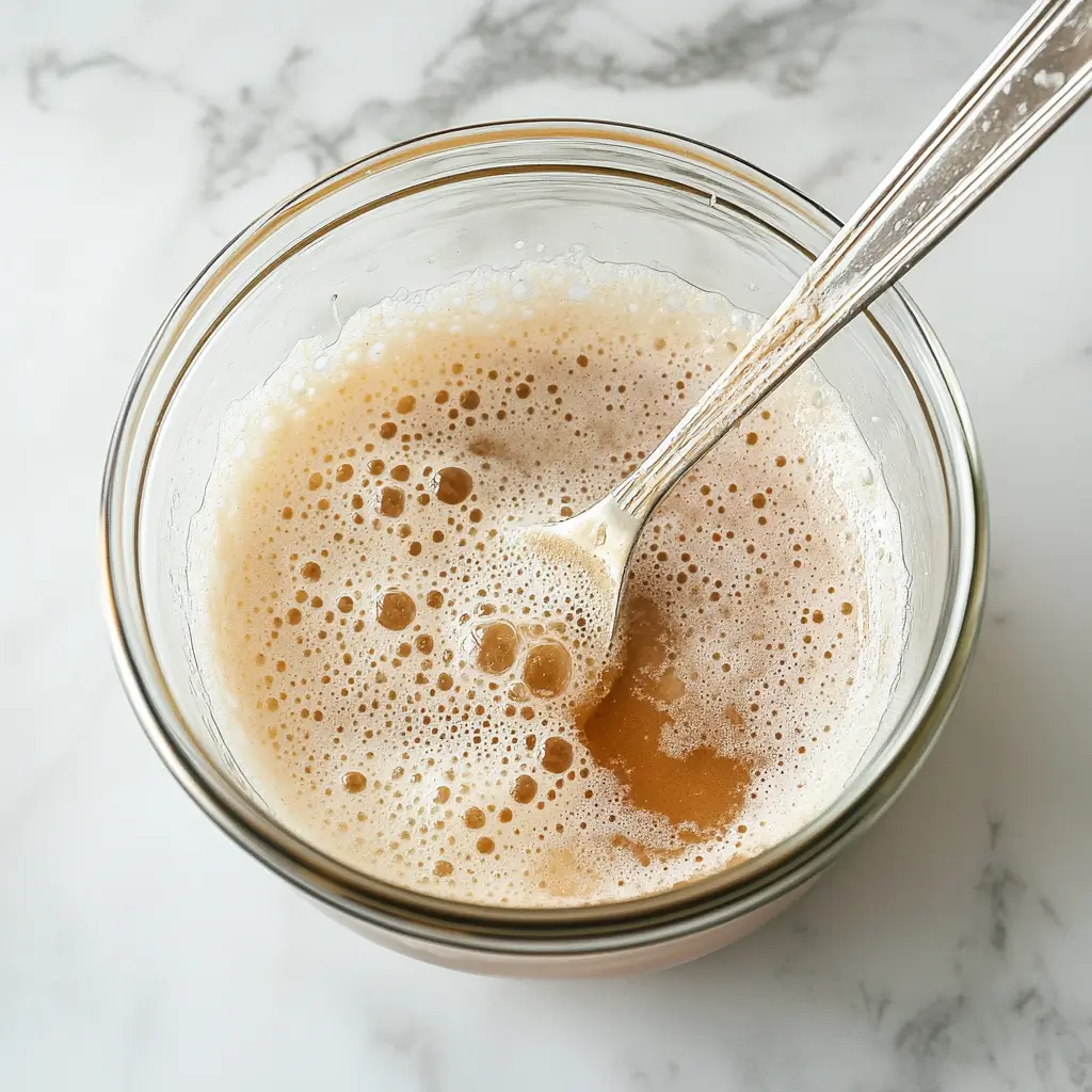 Active dry yeast foaming in a bowl of warm water for homemade Italian bread.