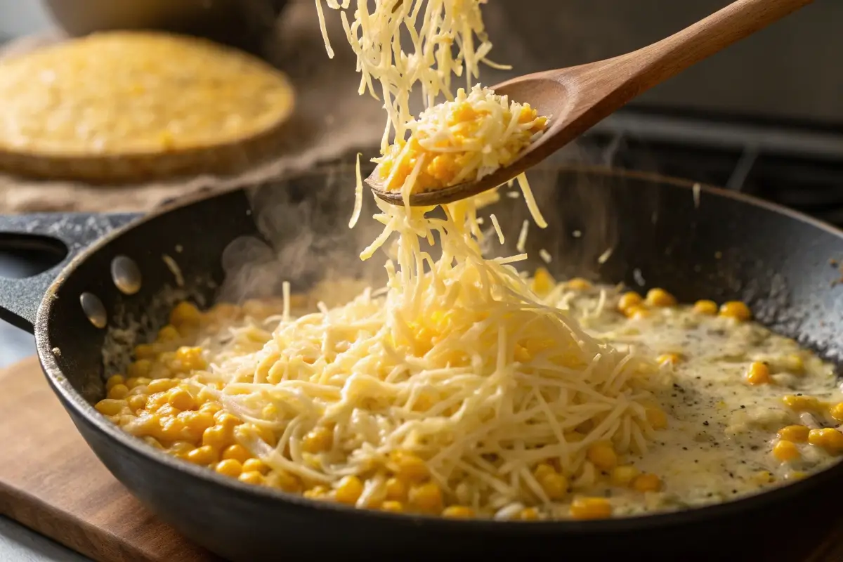 Shredded cheddar and mozzarella cheese being added to a skillet of creamy corn