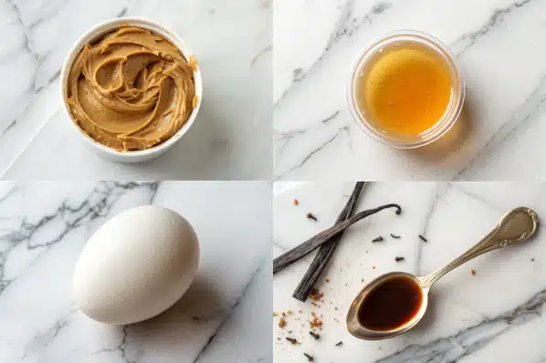 Ingredients for almond flour peanut butter cookies, including peanut butter, honey, an egg, and vanilla extract on a marble countertop.