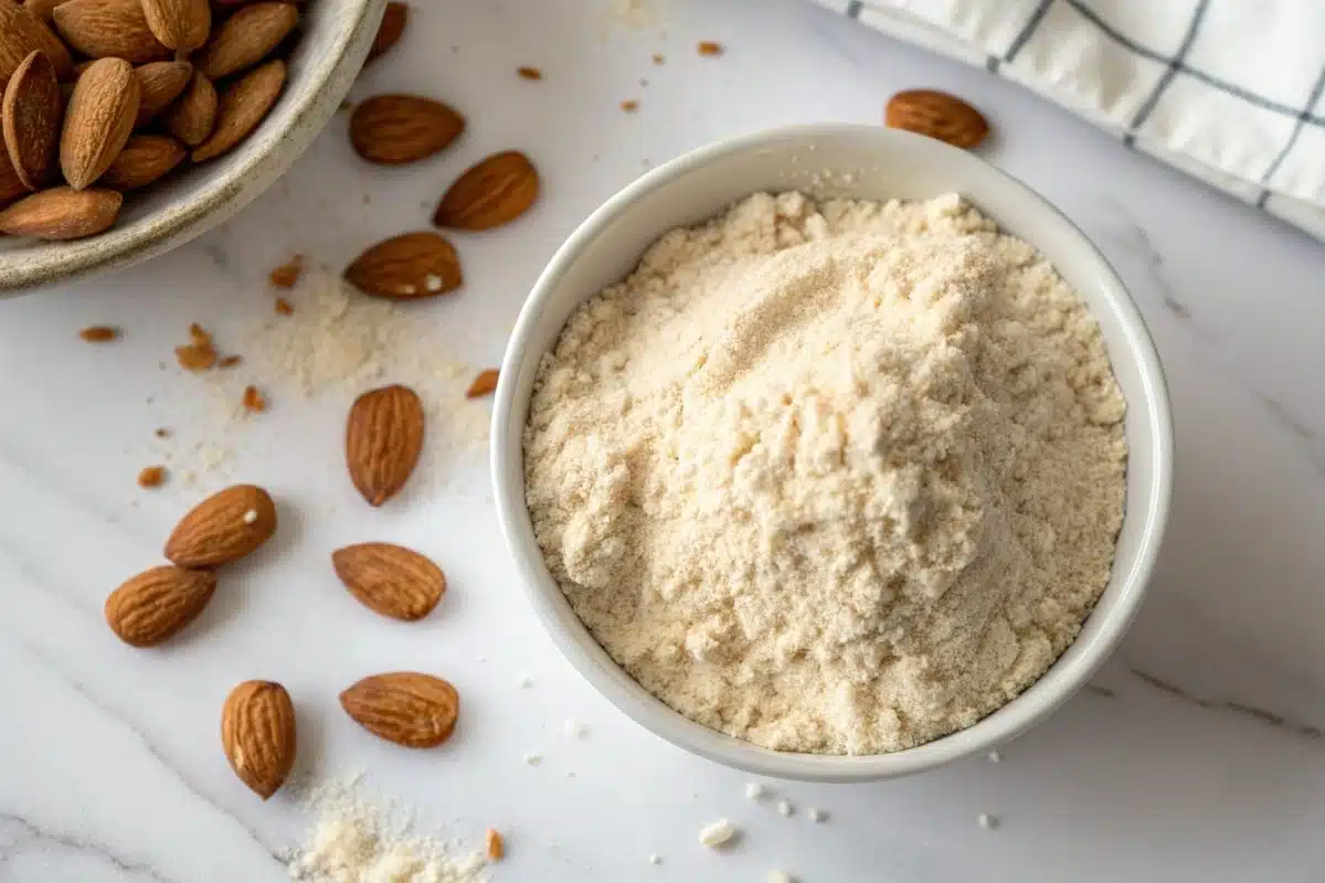 almond flour peanut butter cookies. A bowl of fine almond flour with whole almonds scattered around on a white marble surface.