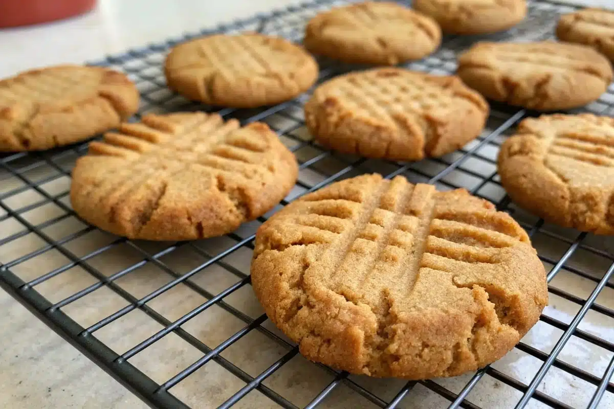 Freshly baked almond flour peanut butter cookies cooling on a wire rack.