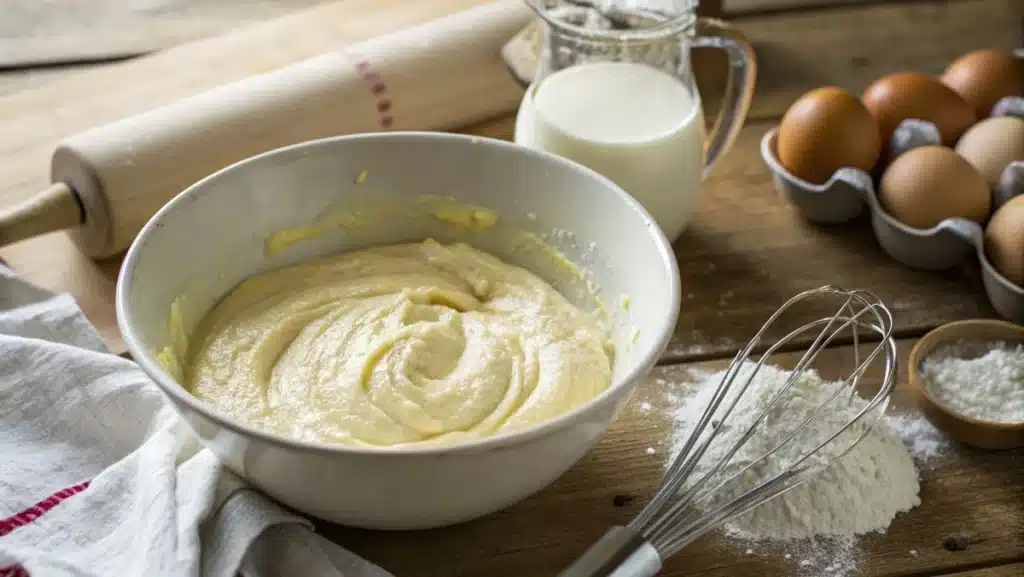 Whisking pancake batter in a bowl, preparing a homemade pancake recipe