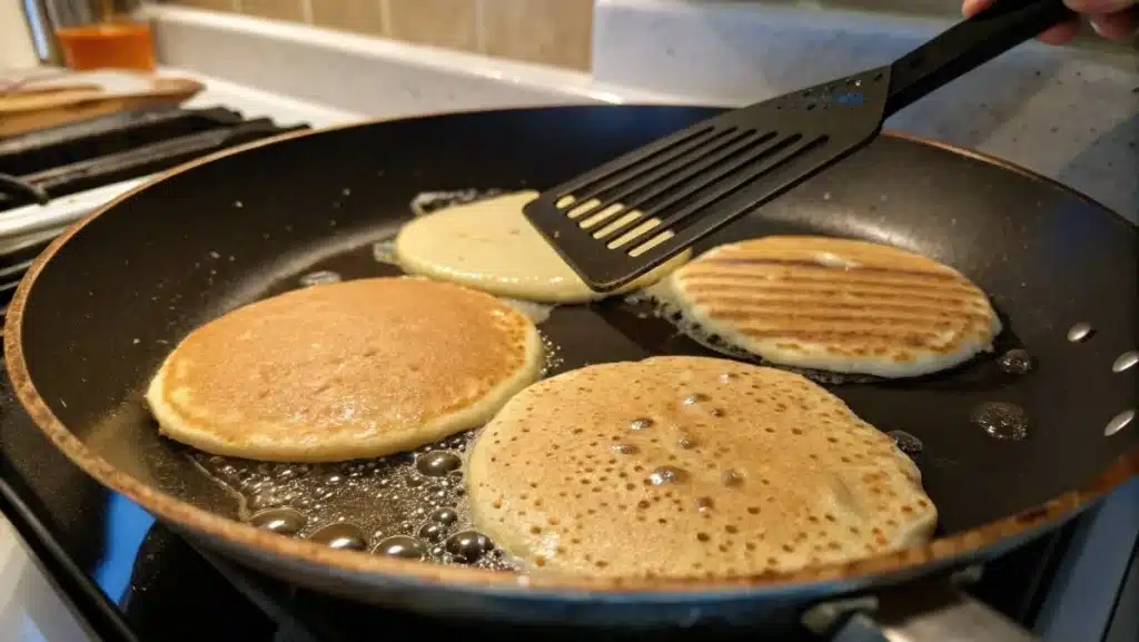 Pancakes bubbling on a skillet