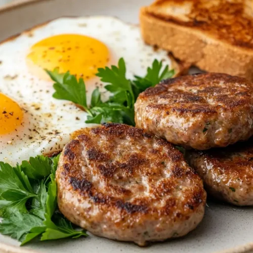 Juicy beef breakfast sausage patties with eggs and toast