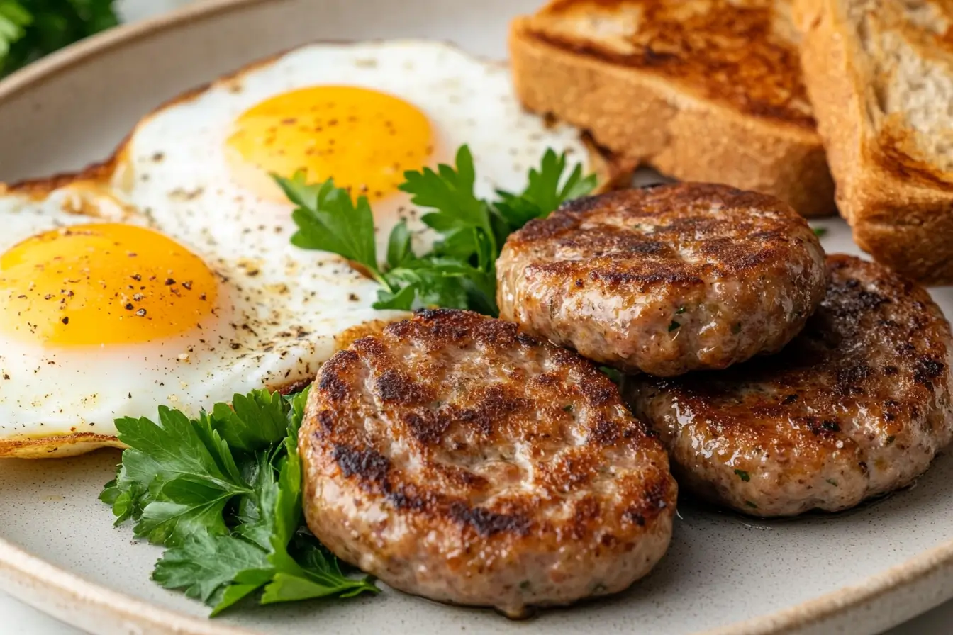 Juicy beef breakfast sausage patties with eggs and toast