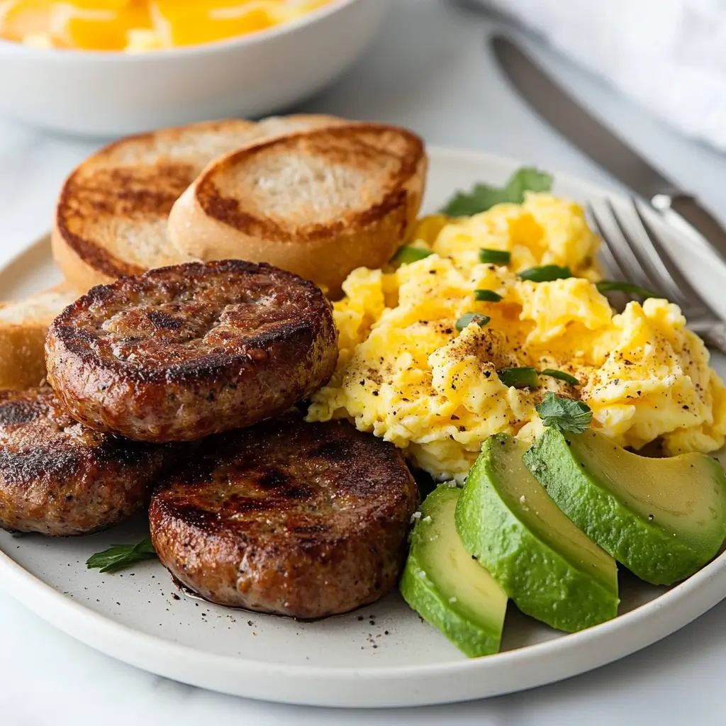 Beef breakfast sausage with scrambled eggs and avocado