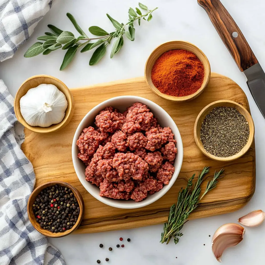 Ingredients for homemade beef breakfast sausage