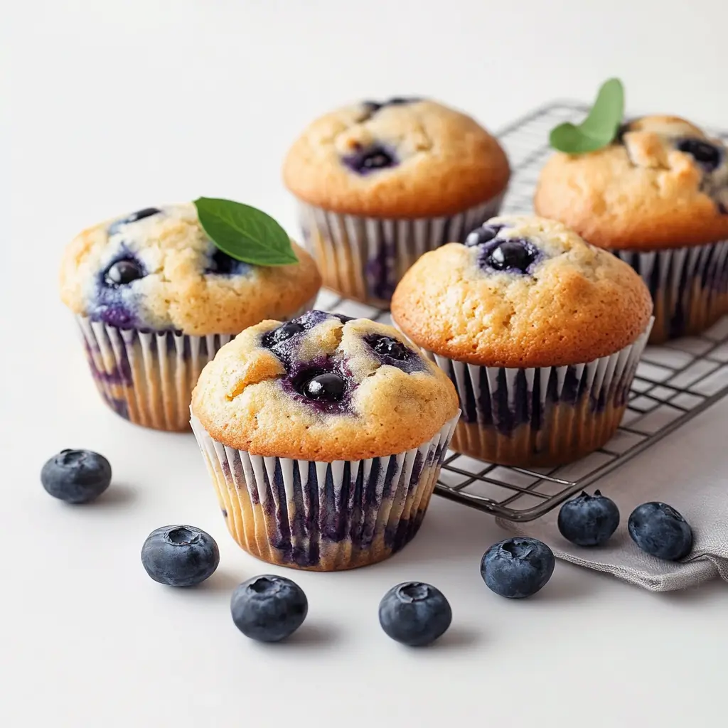 Freshly baked blueberry muffins cooling on a wire rack with fresh blueberries scattered around.