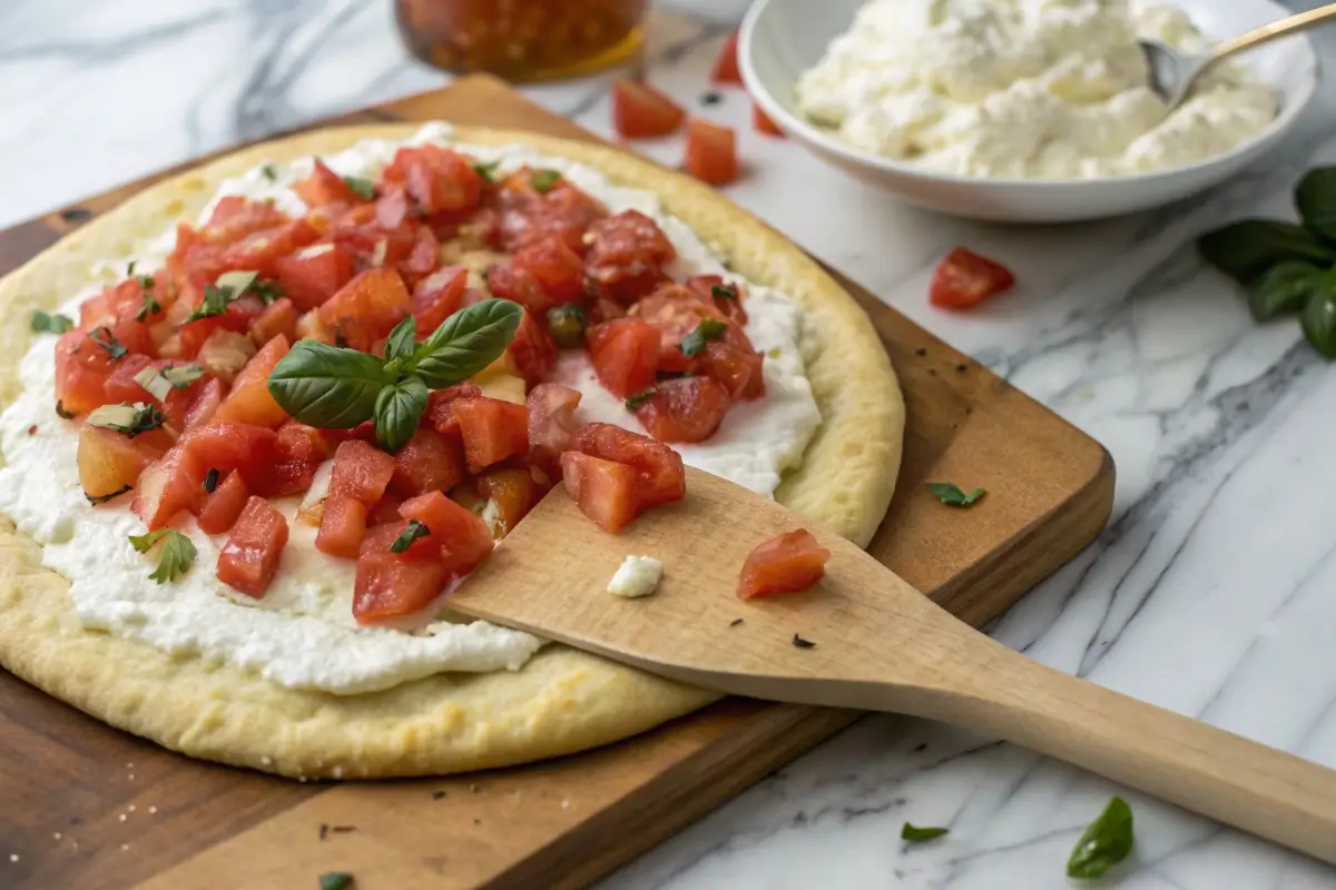 Bruschetta pizza with ricotta cheese and fresh tomato topping on a wooden board.