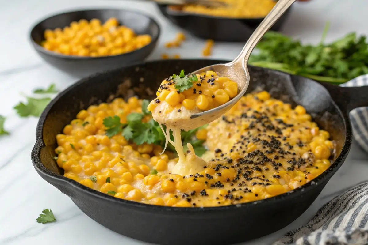 cheesy corn recipe. A spoonful of cheesy corn being lifted from a cast-iron skillet, with gooey melted cheese stretching.