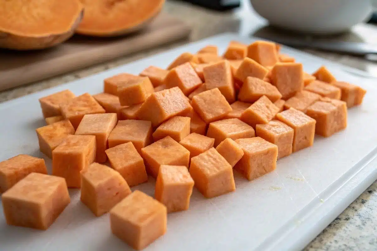 Sweet Potato Puree. Freshly chopped sweet potatoes on a white cutting board, ready for cooking.