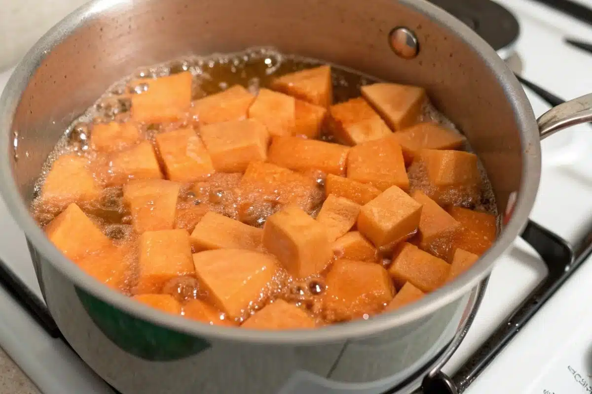 Sweet Potato Puree. Freshly chopped sweet potatoes on a white cutting board, ready for cooking.