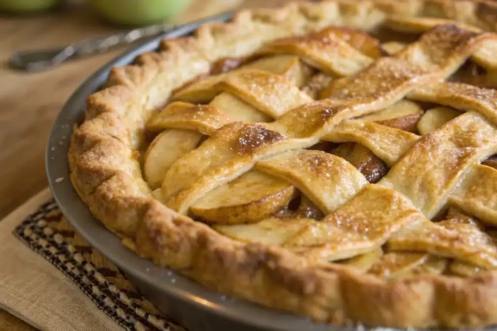 Freshly baked apple pie with a golden-brown lattice crust