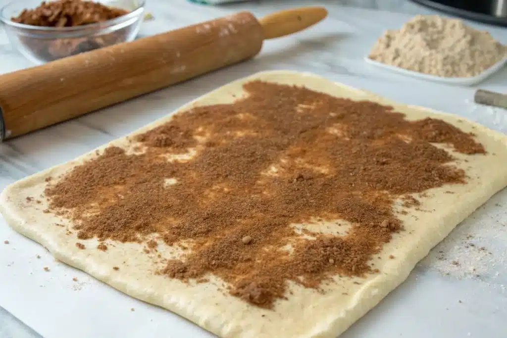 Rolled-out cinnamon roll dough covered with cinnamon-sugar filling, ready to be rolled.