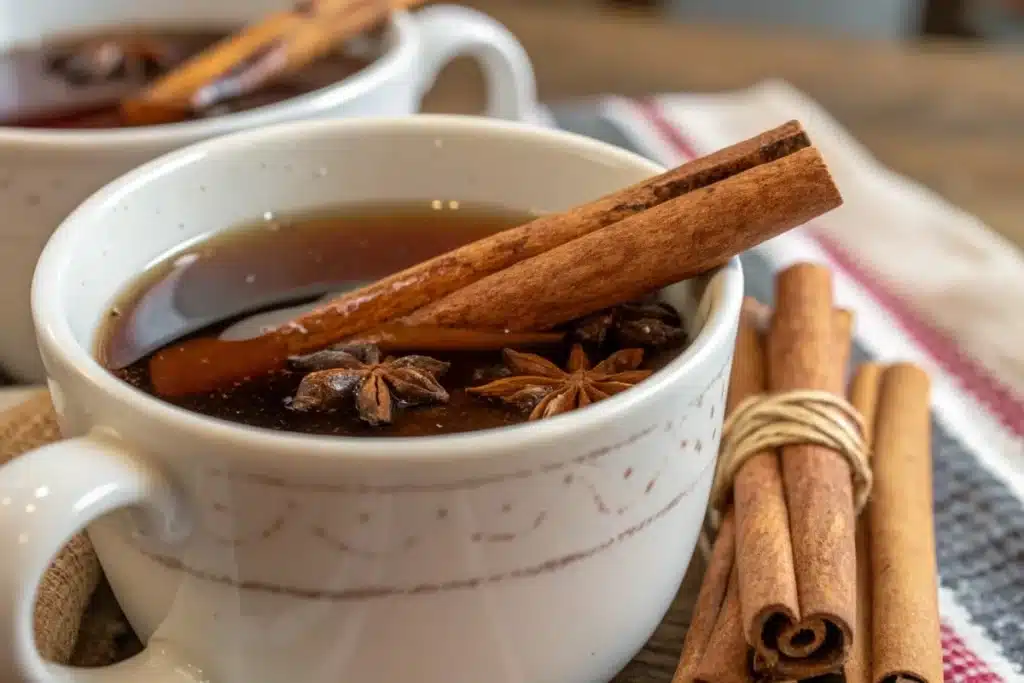 Cup of cinnamon tea with cinnamon sticks and star anise