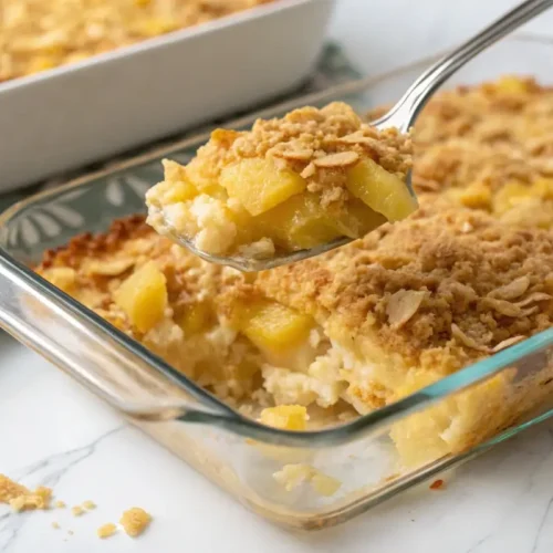 Golden, cheesy pineapple casserole with a crispy cracker topping