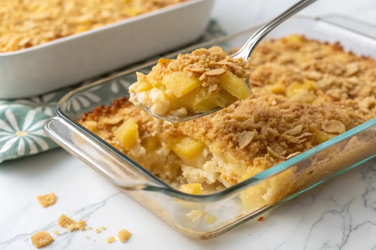 Golden, cheesy pineapple casserole with a crispy cracker topping