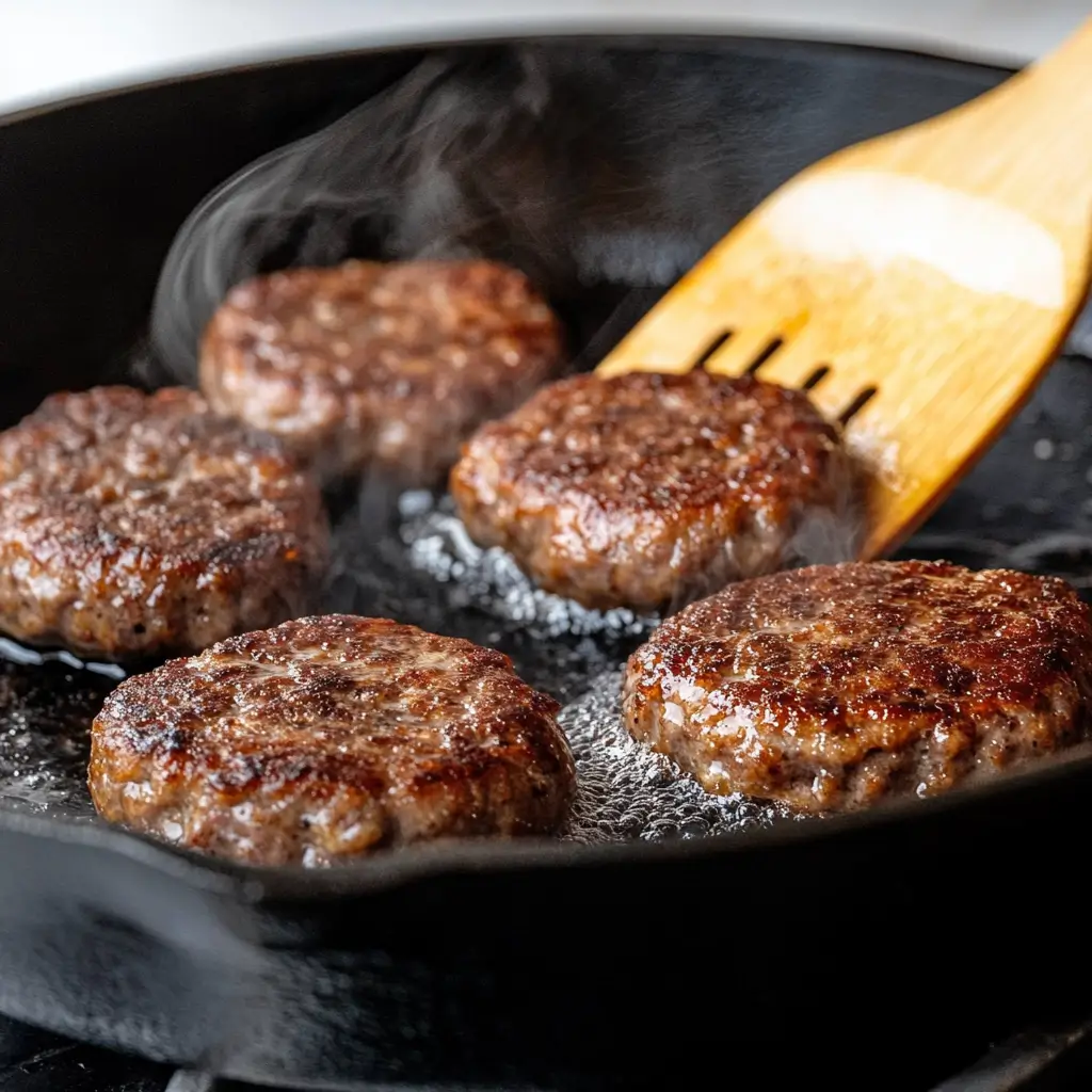 Beef breakfast sausage cooking in a skillet