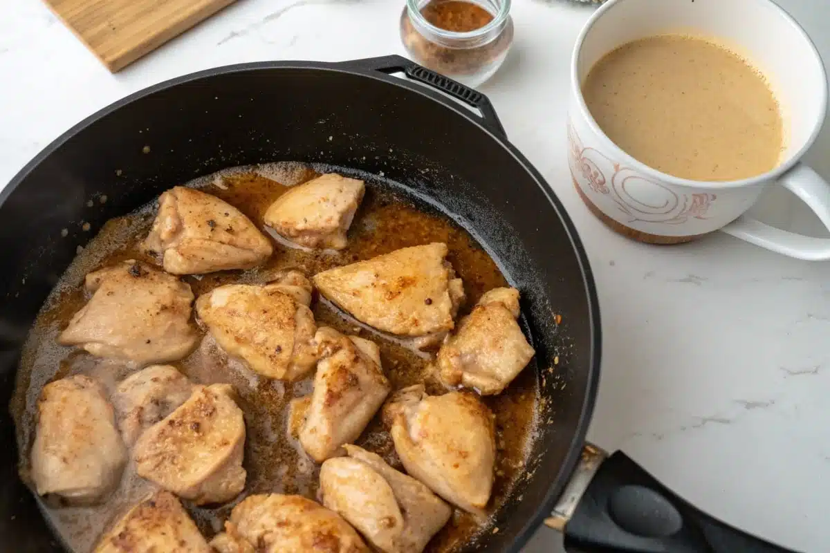 chicken with peanut butter. Chicken pieces cooking in a skillet with peanut butter sauce on the side