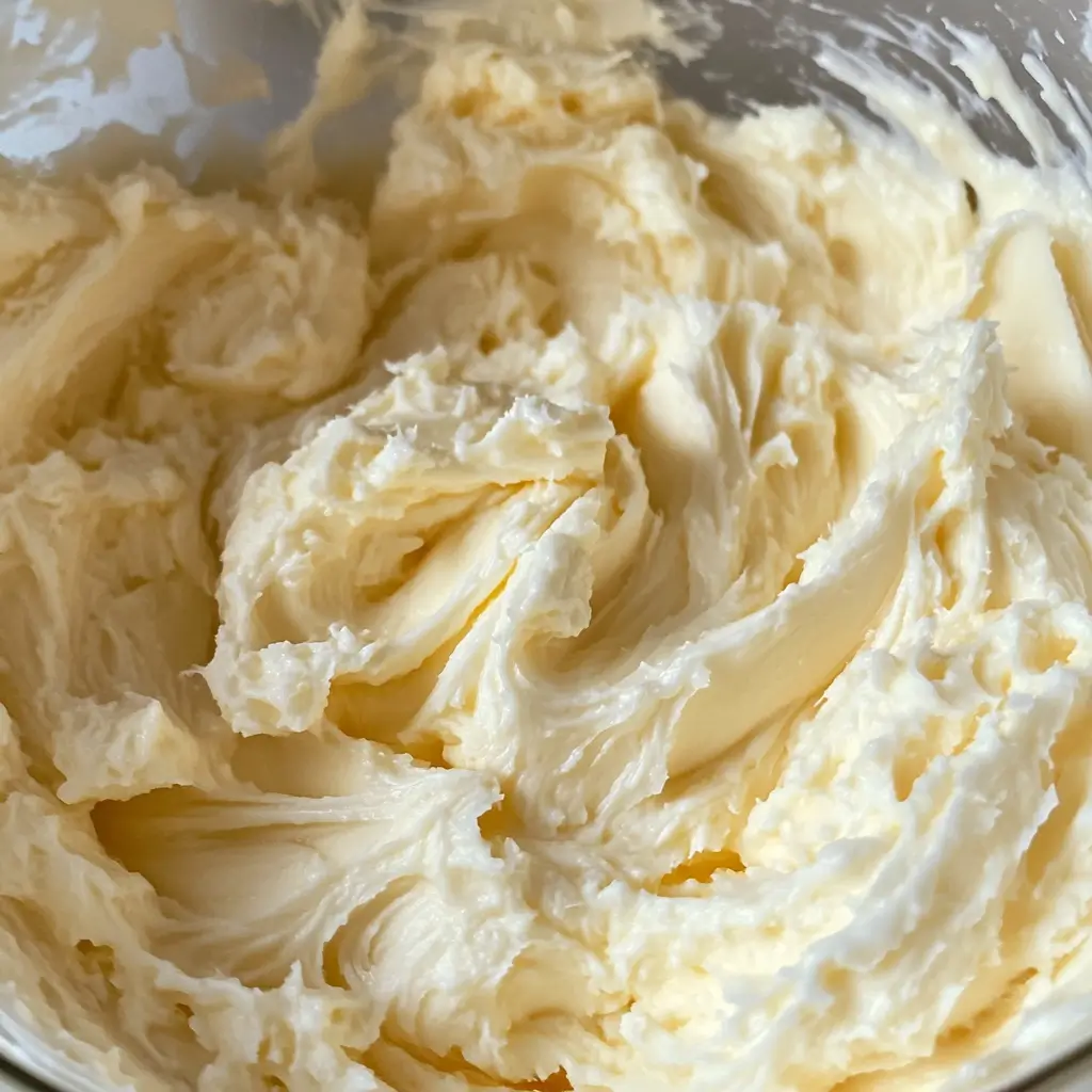 Close-up of creamed butter and sugar in a mixing bowl, light and fluffy in texture.