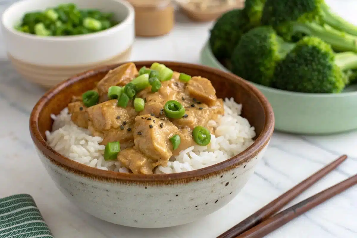 chicken with peanut butter. Creamy peanut butter chicken served over white rice in a rustic ceramic bowl, garnished with green onions and black sesame seeds