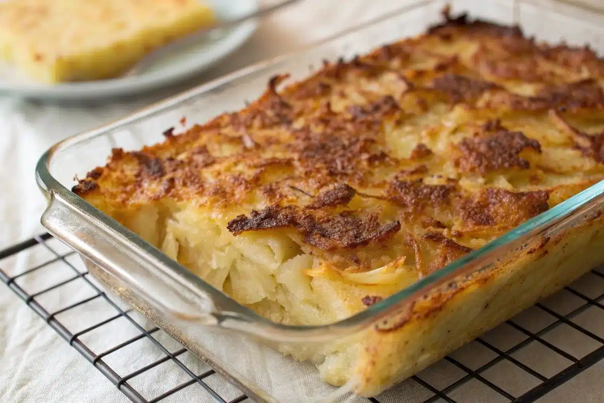 Crispy homemade potato kugel fresh from the oven