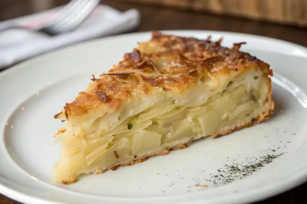 A crispy slice of homemade potato kugel with golden-brown edges and soft, layered potatoes on a white plate.