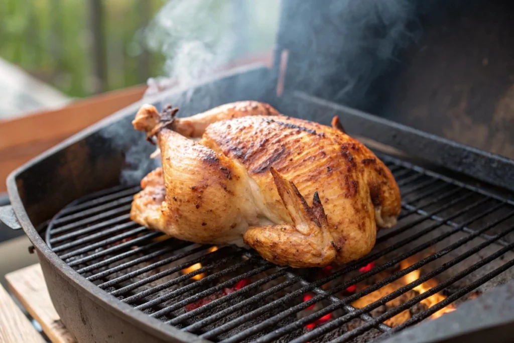 Whole fire-roasted chicken cooking on a charcoal grill with smoky flames.