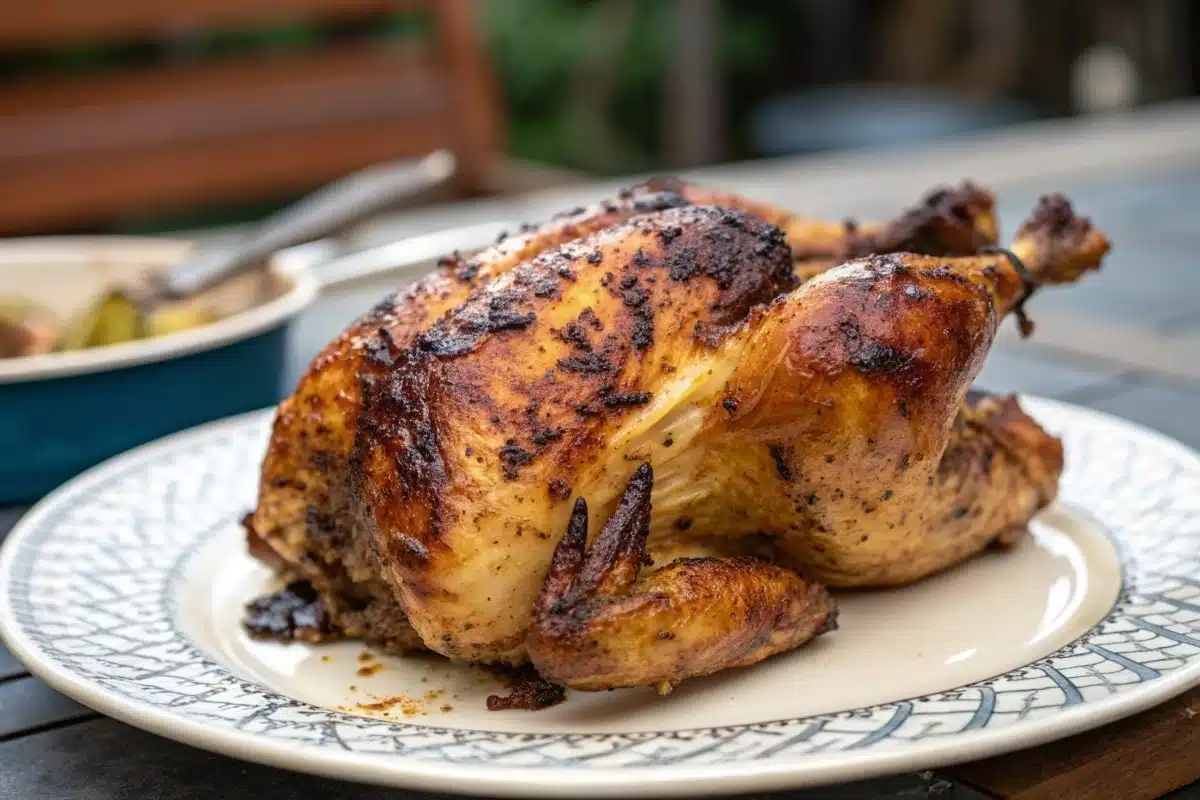 Fire-roasted whole chicken with crispy, golden-brown skin served on a plate.