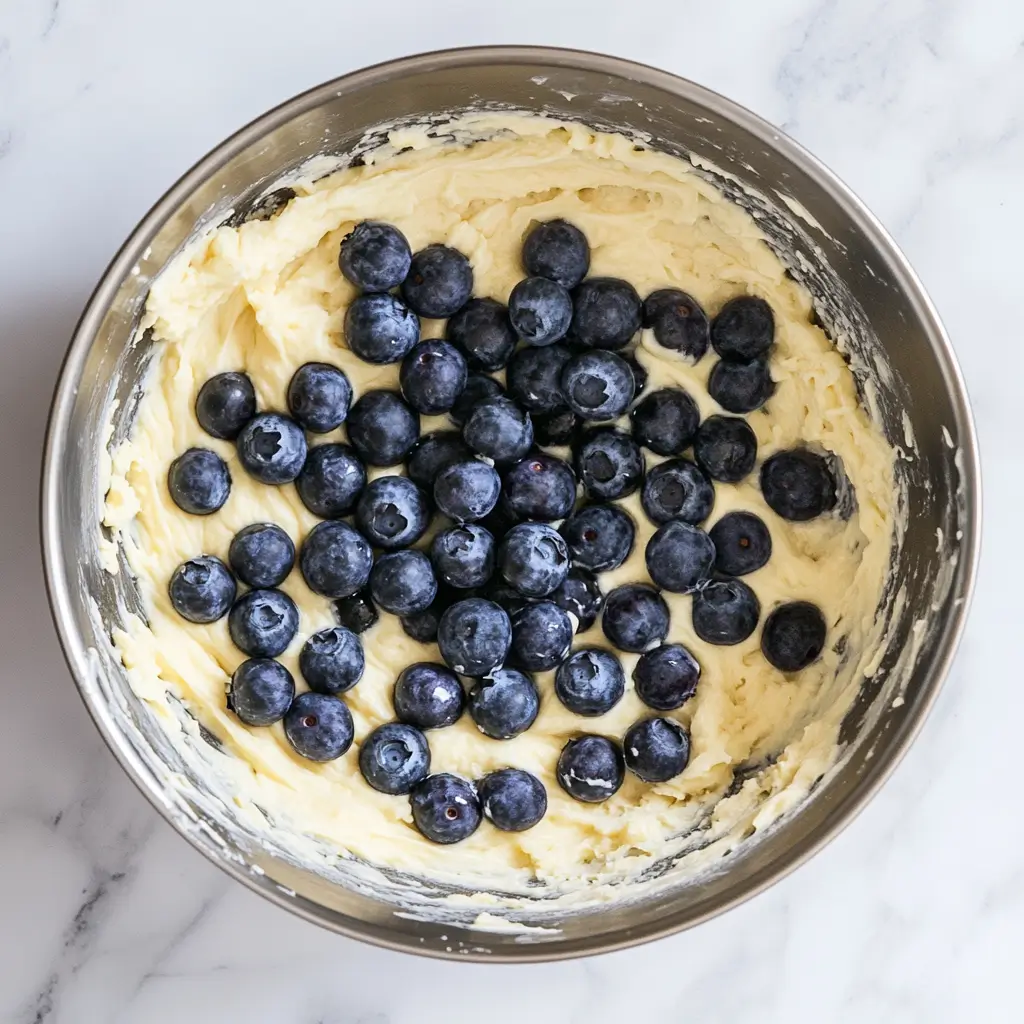 Fresh blueberries added to muffin batter in a stainless steel mixing bowl.