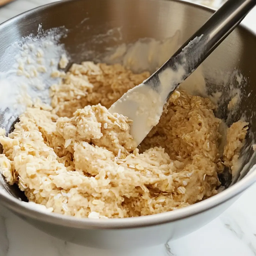 Mixing bowl with oatmeal coconut cookie dough being folded with a spatula