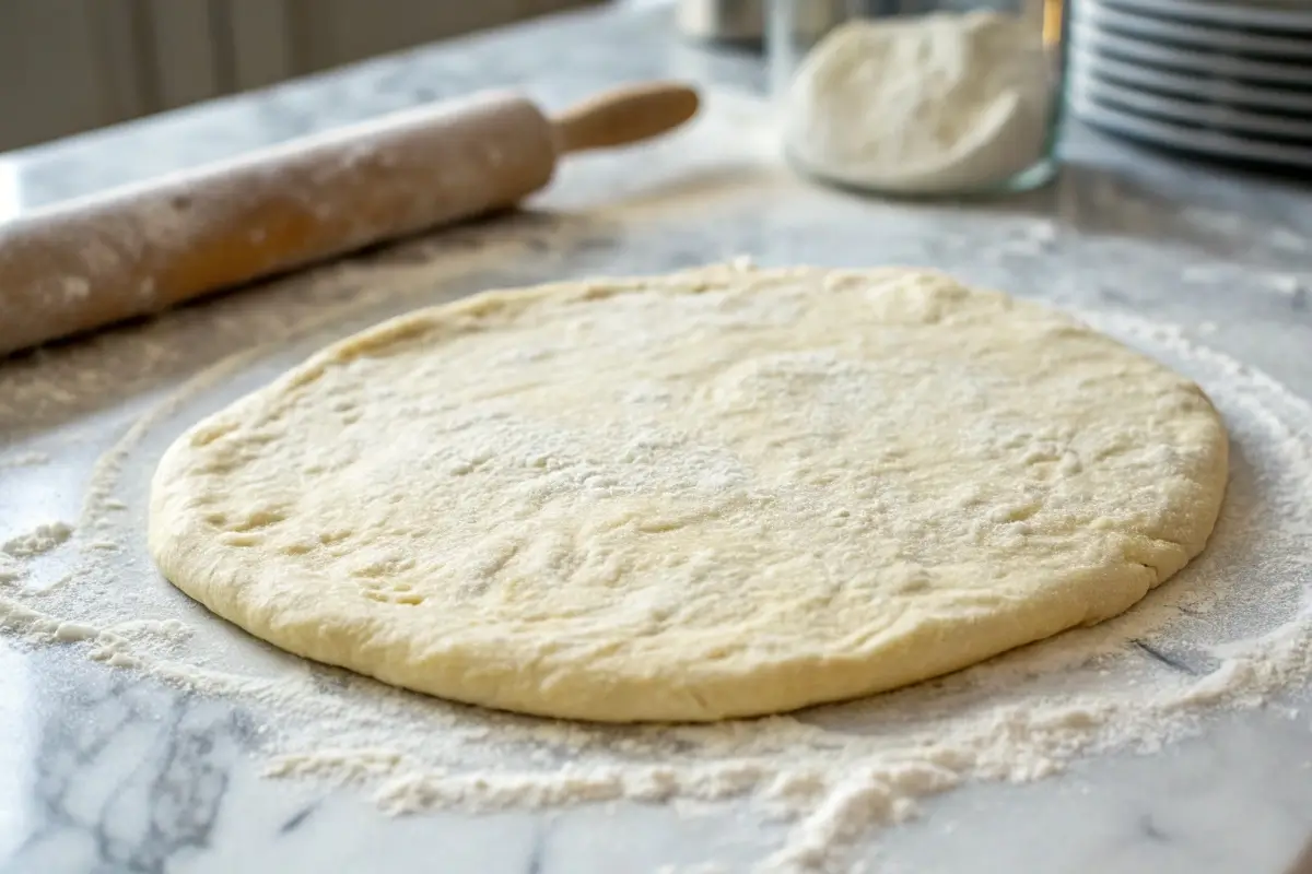 Fresh pizza dough rolled out on a floured marble surface, ready for baking.