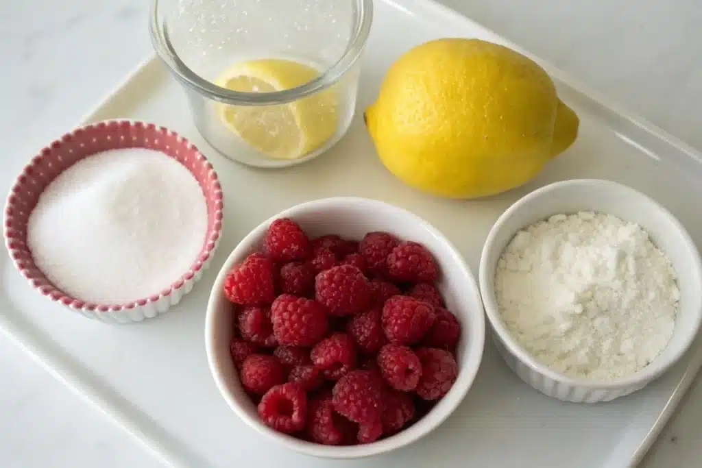 Fresh raspberries, sugar, lemon, and cornstarch arranged on a white worktop for baking.