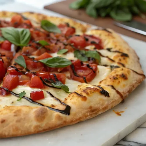 Freshly baked bruschetta pizza with diced tomatoes, basil, melted mozzarella, and balsamic glaze.