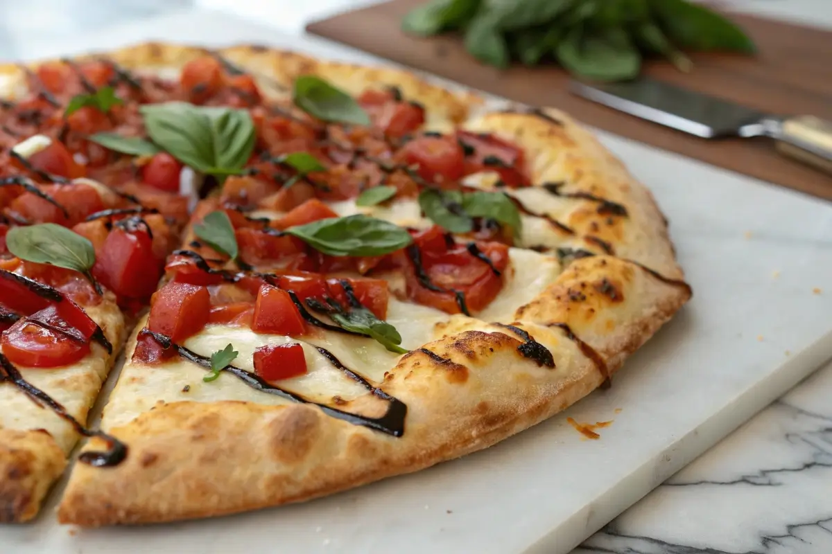 Freshly baked bruschetta pizza with diced tomatoes, basil, melted mozzarella, and balsamic glaze.