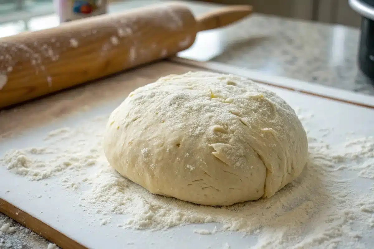 Freshly kneaded cinnamon roll dough on a floured surface, ready to be rolled out.