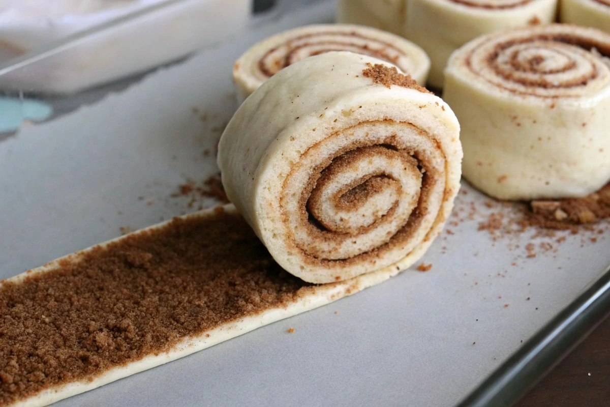 Freshly rolled cinnamon rolls with a spiral cinnamon-sugar filling, ready for baking