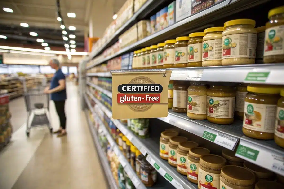 Peanut butter jars labeled gluten-free on a grocery store shelf.