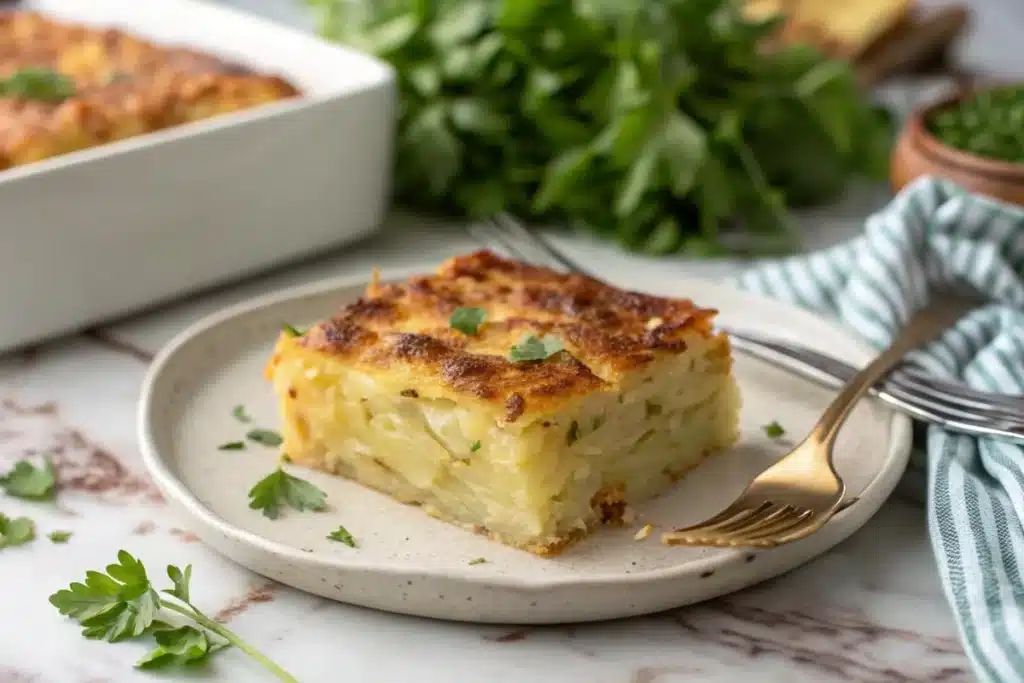 A crispy square of homemade potato kugel garnished with fresh parsley, served on a rustic plate with a golden fork.