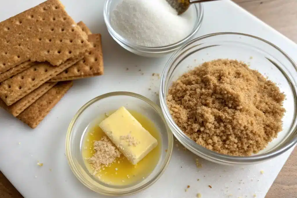 Graham crackers, melted butter, granulated sugar, and brown sugar arranged on a white worktop for baking