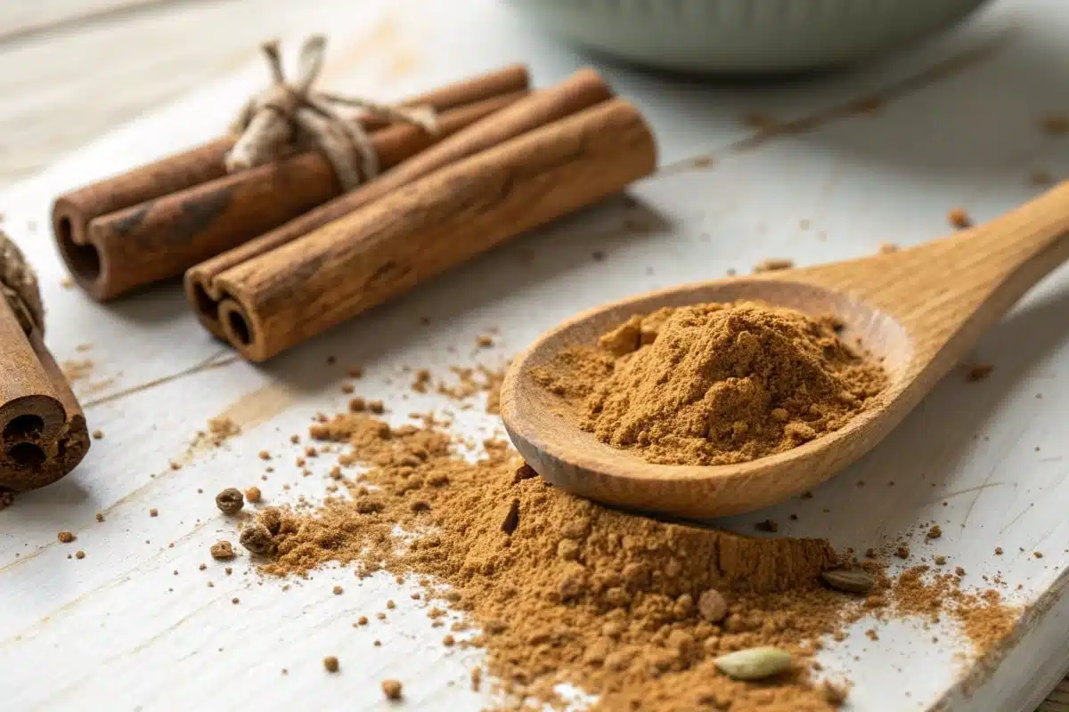 Ground cinnamon in a wooden spoon with cinnamon sticks on a white rustic table