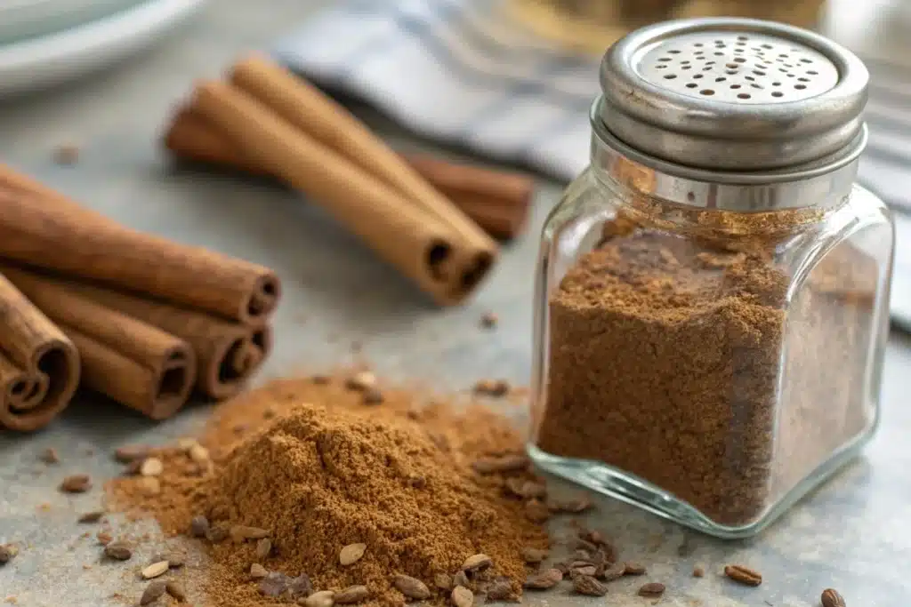 Ground cinnamon in a spice jar with cinnamon sticks on a kitchen countertop