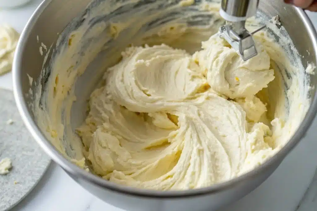 Smooth and creamy homemade cream cheese frosting in a mixing bowl, ready to spread on cinnamon rolls.